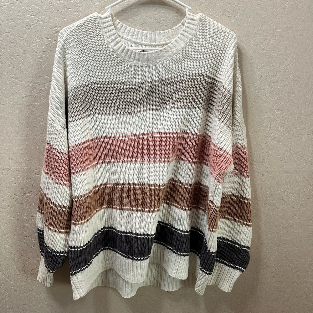 Hollister Women's Striped Sweater in Cream and Brown